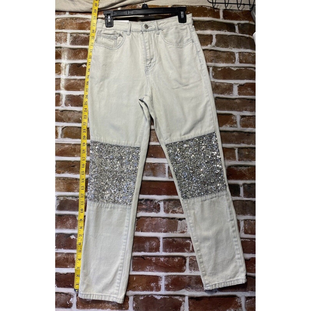 Forever 21‎ High Rise Straight Leg Jeans Womens 25 Light Wash Sequin Knee Patch